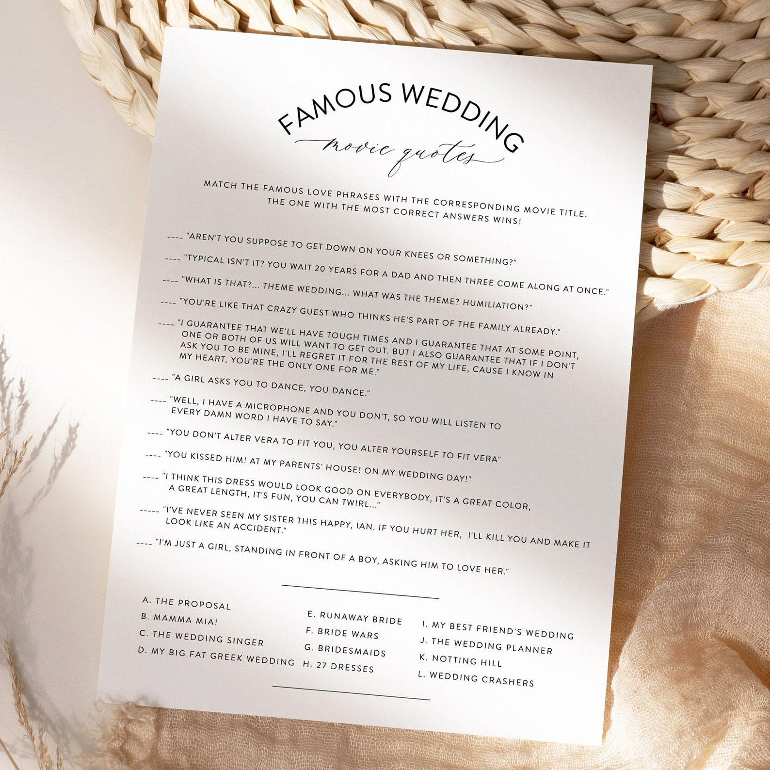 Wedding Movie Quotes Bridal Shower Game Template Famous Movie Etsy