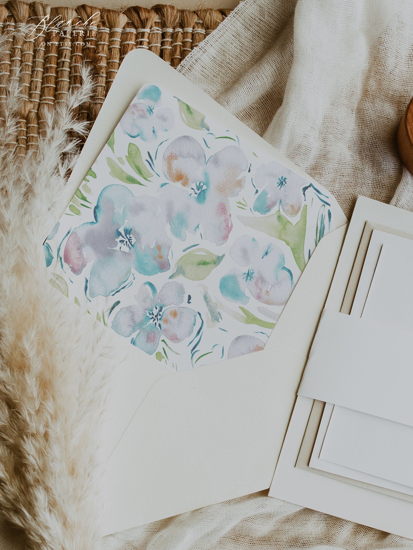 Watercolor Floral Envelope Liner Template, Blue and Pink Watercolor ...
