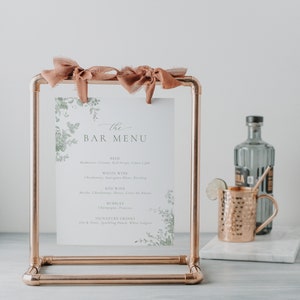 Plantilla de letrero de menú de bar con flores en verde salvia, letrero de bebida de boda imprimible, menú de bebidas en verde salvia, letrero de bar editable, descarga instantánea 55