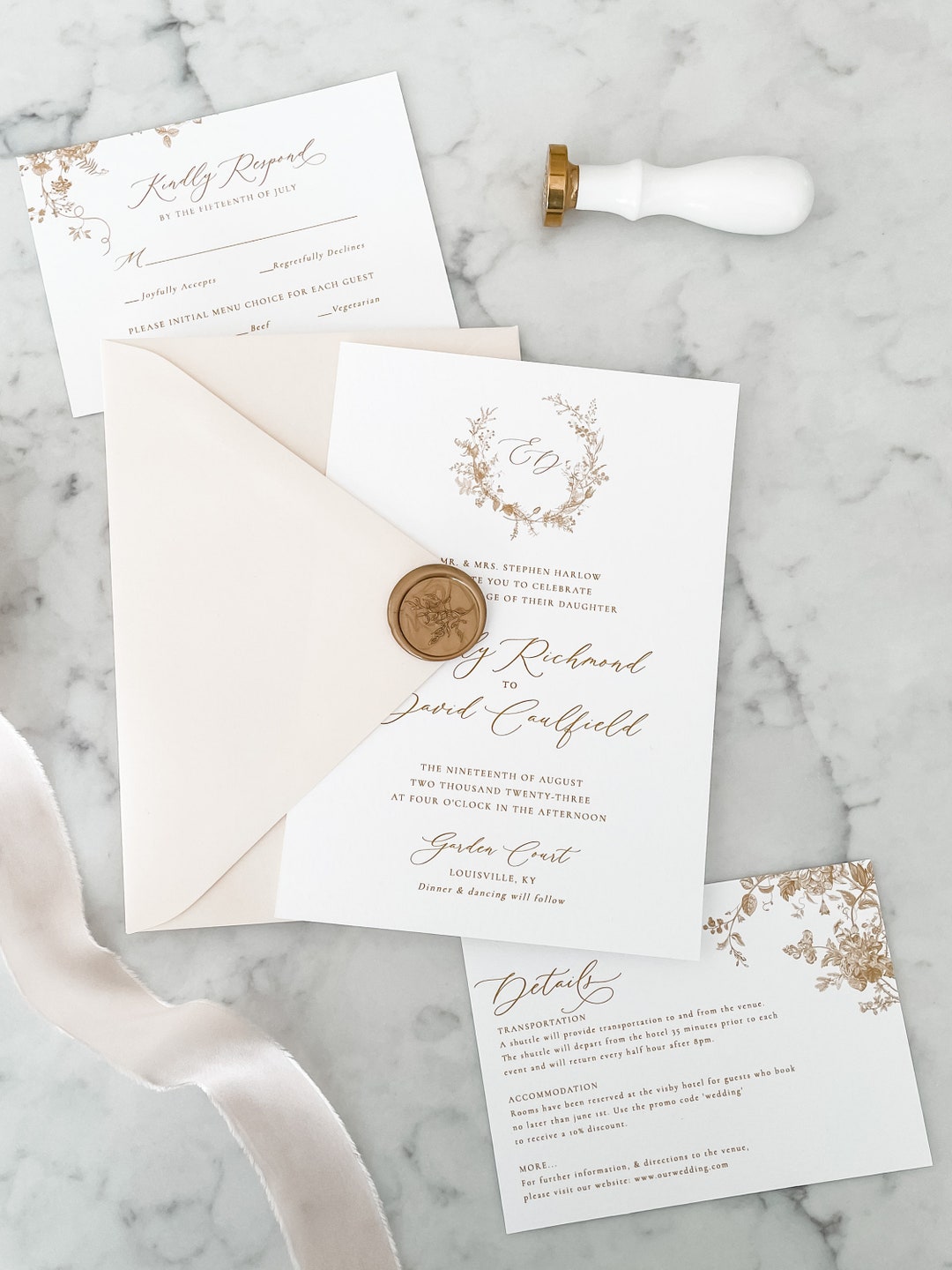 Gold Floral Wedding Set, Antique Vintage Floral Invitation Template ...