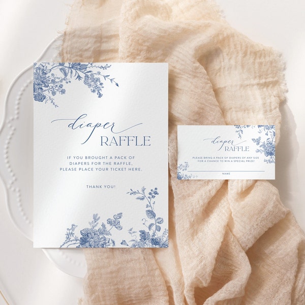 Diaper Raffle Game, Baby Shower Diaper Raffle Insert and Sign, Blue Floral Diaper Raffle Tickets and Sign, Printable Victorian 43