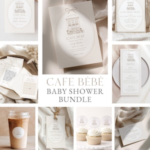 Op de afbeelding: Een verzameling baby shower briefpapier met een café thema. Het ontwerp bevat een café-illustratie, strikaccenten en de tekst "Cafe Bébé" en "Baby Shower". Inclusief uitnodigingen, menu's, bedankkaarten en cupcake toppers.