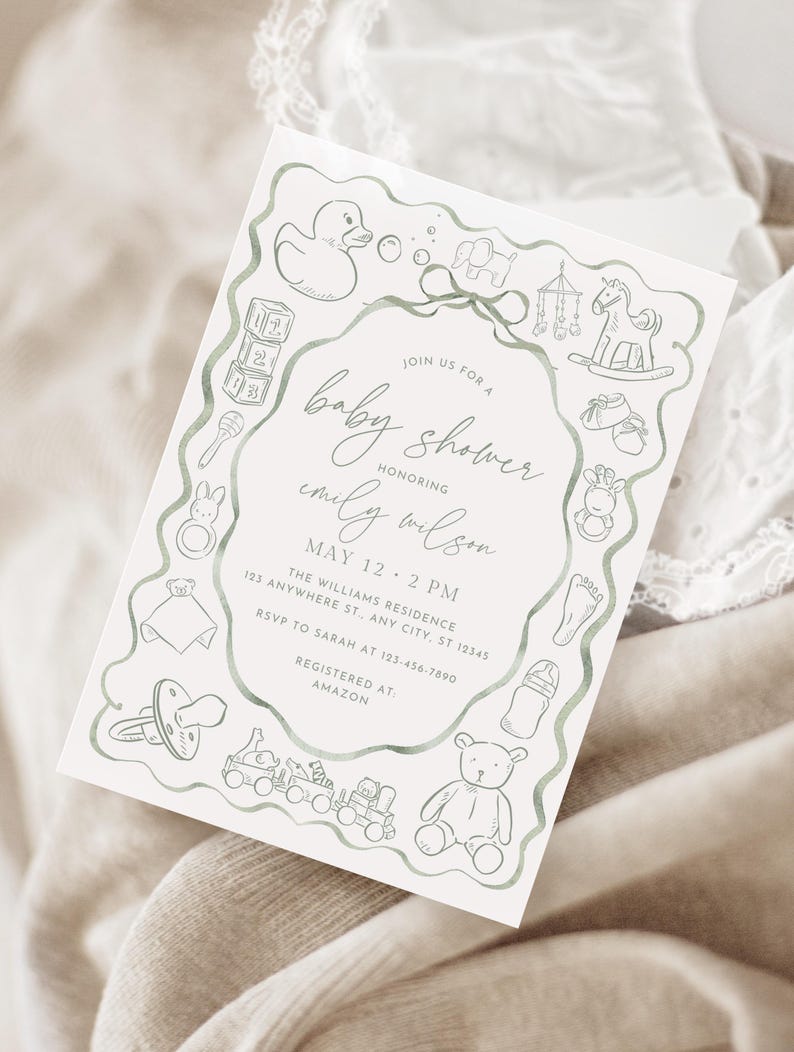 May include: A baby shower invitation with a soft green border and illustrations of baby-related items. The invitation includes the text "Join us for a baby shower honoring Emily Wilson" and event details. The design features a duck, blocks, and a teddy bear.