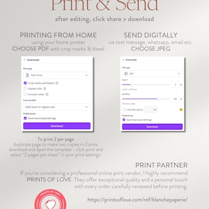 May include: A graphic with instructions for printing and sending digital files. The text includes options for PDF and JPEG downloads, with settings for size and quality. It also features a recommendation for a print partner.