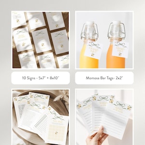 May include: A baby shower bundle with various items. The bundle includes signs, Momosa bar tags, baby shower games, and advice cards. The items have a lemon and bow design. The text "Editable Bundle Includes" is at the top.