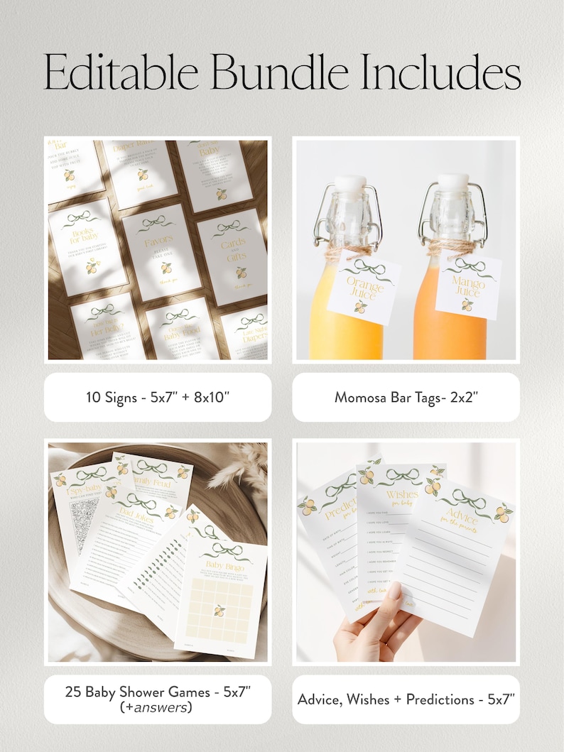 May include: A baby shower bundle with various items. The bundle includes signs, Momosa bar tags, baby shower games, and advice cards. The items have a lemon and bow design. The text "Editable Bundle Includes" is at the top.