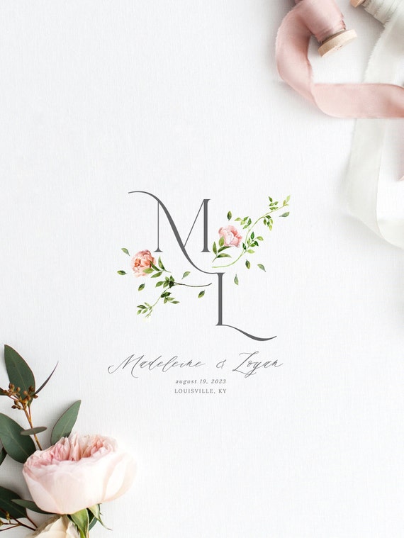 Peony Wedding Logo, Minimalist Floral Logo, Pink Floral Wedding Logo, Monogram Emblem, Custom Business Logo, Logo for Napkin, Logo for Web12
