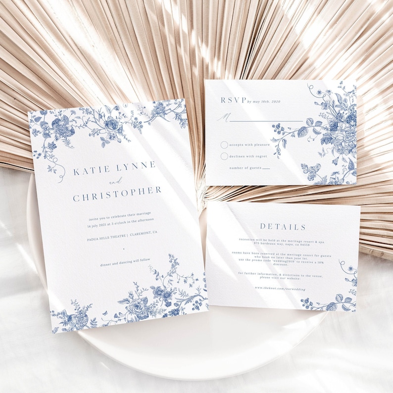 Vintage Floral Wedding Set, Navy Blue Invitation Template, Printable Invitation Set, Instant Download, Botanical Wedding Invite 43 image 1