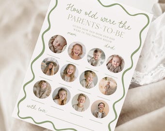 Sage Green - How Old Were the Parents To Be Baby Shower Game Card With Photos (Guess The Age Printable Template with Wavy Border)