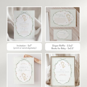 May include: An editable baby shower bundle with a whimsical theme. Includes invitation, diaper raffle, books for baby, welcome sign, and custom sign templates. Each template features a floral wreath design with a cute goose illustration and text.