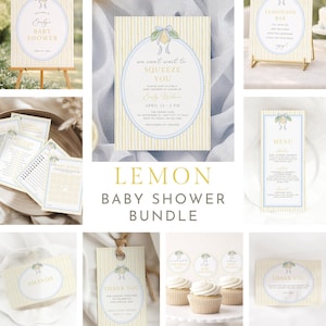 May include: A collection of lemon-themed baby shower stationery. The bundle includes invitations, signage, menu cards, cupcake toppers, and thank you tags. The designs feature a lemon and leaf motif with a light yellow and blue color scheme. The text reads "Lemon Baby Shower Bundle".
