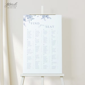Stoffige blauwe bloemen zitplaatsen grafiek, vintage bloemen bruiloft zitplaatsen, botanisch teken, instant download, afdrukbare plattegrond, bewerkbaar bord 54