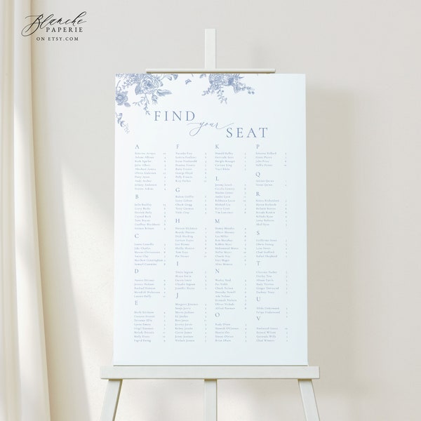 Dusty Blue Floral Seating Chart, Vintage Floral Wedding Seating, Botanical Sign, Instant Download, Printable Seating Plan, Editable Sign 54