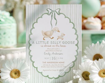 Invito per baby shower "Silly Goose" (verde salvia, neutro, con strisce e fiocco) - Modello modificabile