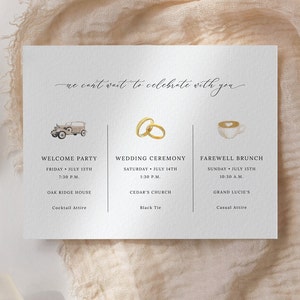Tarjeta de itinerario de boda editable, nota de bienvenida, bolsa de regalo de boda, itinerario de fin de semana, cronograma de la bolsa de bienvenida, orden de eventos imprimible