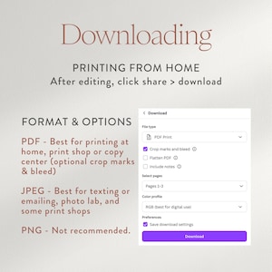 Puede incluir: Una captura de pantalla de una p&aacute;gina web que explica c&oacute;mo descargar un archivo PDF. El texto proporciona instrucciones para imprimir en casa y enumera opciones de formato de archivo, incluyendo PDF, JPEG y PNG. Se muestra un bot&oacute;n de descarga p&uacute;rpura.