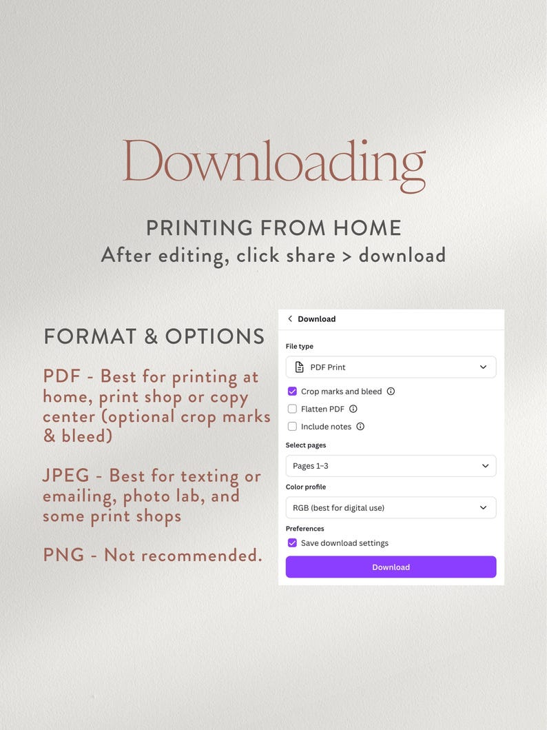 Puede incluir: Una captura de pantalla de una p&aacute;gina web que explica c&oacute;mo descargar un archivo PDF. El texto proporciona instrucciones para imprimir en casa y enumera opciones de formato de archivo, incluyendo PDF, JPEG y PNG. Se muestra un bot&oacute;n de descarga p&uacute;rpura.