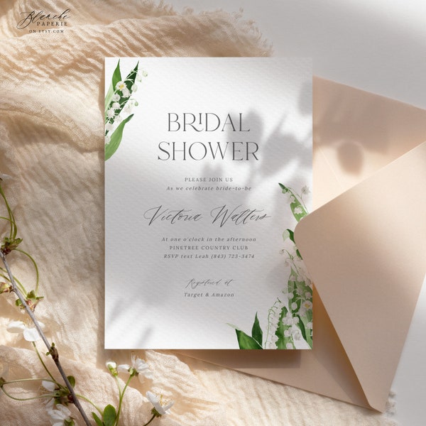 Lily of the Valley Bridal Shower Invitation Template, White Floral Bridal Brunch Invite, Summer Bridal Shower, Instant Download, Editable 16