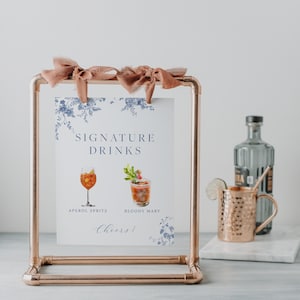 Blaues Blumen Vintage Signature Cocktails Schild, Bar Menü Vorlage, Hochzeit Bar Schild, druckbares Signature Drink Schild, His and Hers Bar Schild 43