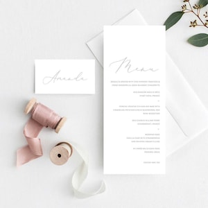 Cartões de lugar elegantes e conjunto de menu de casamento, cartão de lugar cinza e modelo de pacote de menu, faça você mesmo, cartões de lugar cinza elegantes e menu editáveis para impressão