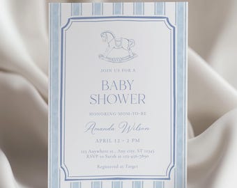 Blue Rocking Horse Boy Baby Shower Invitation Template - (Preppy Classic Theme)