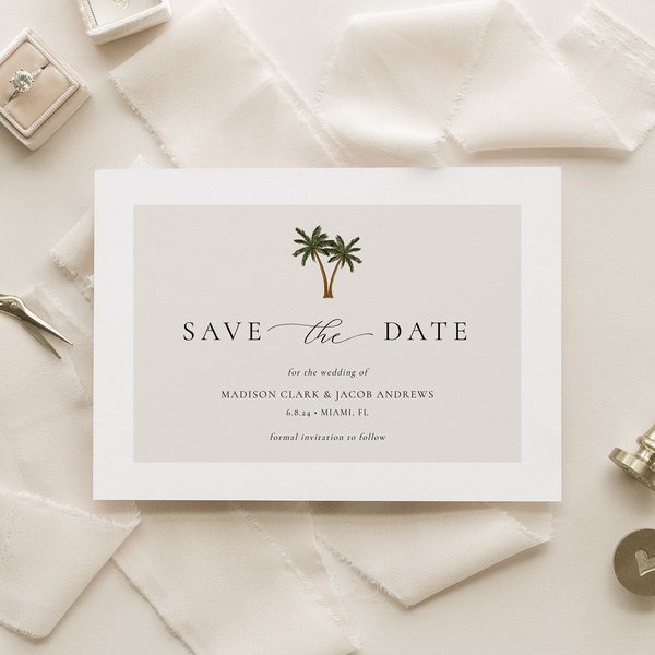 Palm Tree Save the Date Template, Beach Save the Date, Modern Minimalist, Instant Download, Editable Save the Date, Printable Template