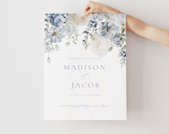 Dusty Blue Floral Welcome Sign Template, Watercolor Floral Wedding Welcome Sign, Welcome To Our Wedding Sign, Printable Welcome Poster 63