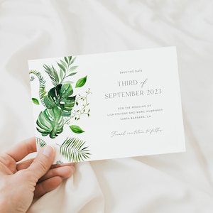 Tropisch Speichern Sie das Datum Vorlage, Monstera Speichern das Datum, Palmenblatt Speichern das Datum, Botanische Tropische Hochzeit, Bananenblätter Speichern unser Datum 17