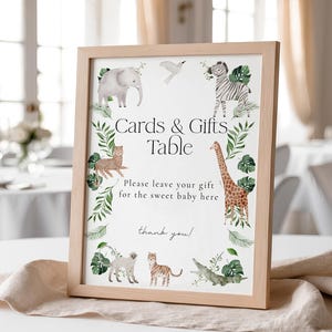 Modèle d'enseigne de table Safari cartes et cadeaux, jeu de baby shower animaux de la jungle, verdure tropicale 8 x 10 signe, baby shower de petit sauvage 73