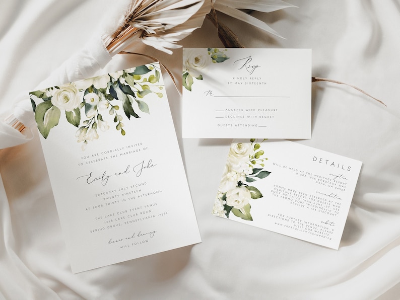 White Floral Wedding Invitation Set Template Greenery White Rose Printable Wedding Invitation Suite Instant Download Editable PDF 21 image 1