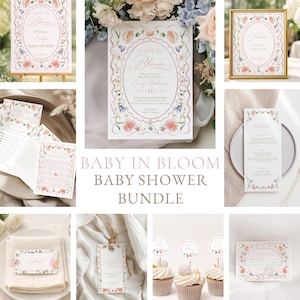 Op de afbeelding: Een baby shower bundel met bloemrijke briefpapierartikelen. De set bevat uitnodigingen, borden, menu's en cupcake toppers. De tekst "Baby in Bloom" en de naam "Emily" zijn zichtbaar. Meer dan 50 bijpassende items.