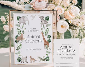 Safari Guess How Many Animal Crackers Game - 50 Cards & Sign For Jungle Themed Baby Shower
