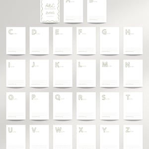 May include: A collection of white cards, each featuring a letter of the alphabet in a soft green hue. The cards are arranged in rows and columns, with a decorative ABC card at the top. The text "is for" is visible on each card.