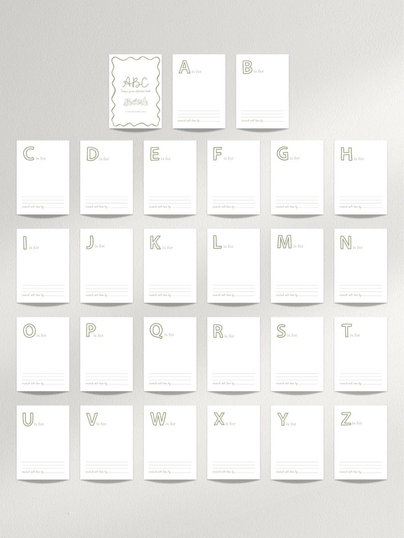 May include: A collection of white cards, each featuring a letter of the alphabet in a soft green hue. The cards are arranged in rows and columns, with a decorative ABC card at the top. The text "is for" is visible on each card.