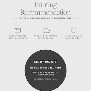 May include: A light gray graphic with the text "Printing Recommendation" and a website address. Below are icons and text: "Free envelopes with your order", "Free 2-3 day shipping within the US", and "Amazing quality & eco friendly". A dark gray circle states "Enjoy 10% off".