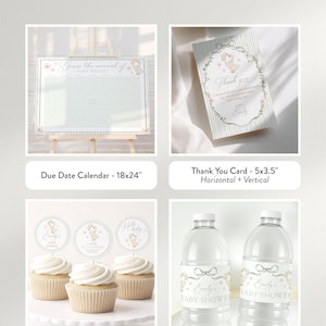 May include: An editable baby shower bundle includes a due date calendar (18x24 inches), thank you cards (5x3.5 inches), cupcake toppers (2-inch circle), and water bottle labels (2x8 inches). The items feature a soft color palette and a baby-themed design.