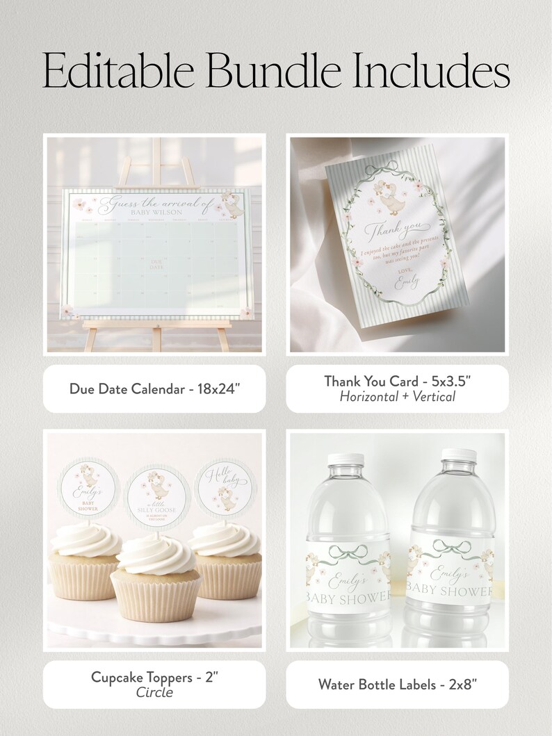 May include: An editable baby shower bundle includes a due date calendar (18x24 inches), thank you cards (5x3.5 inches), cupcake toppers (2-inch circle), and water bottle labels (2x8 inches). The items feature a soft color palette and a baby-themed design.