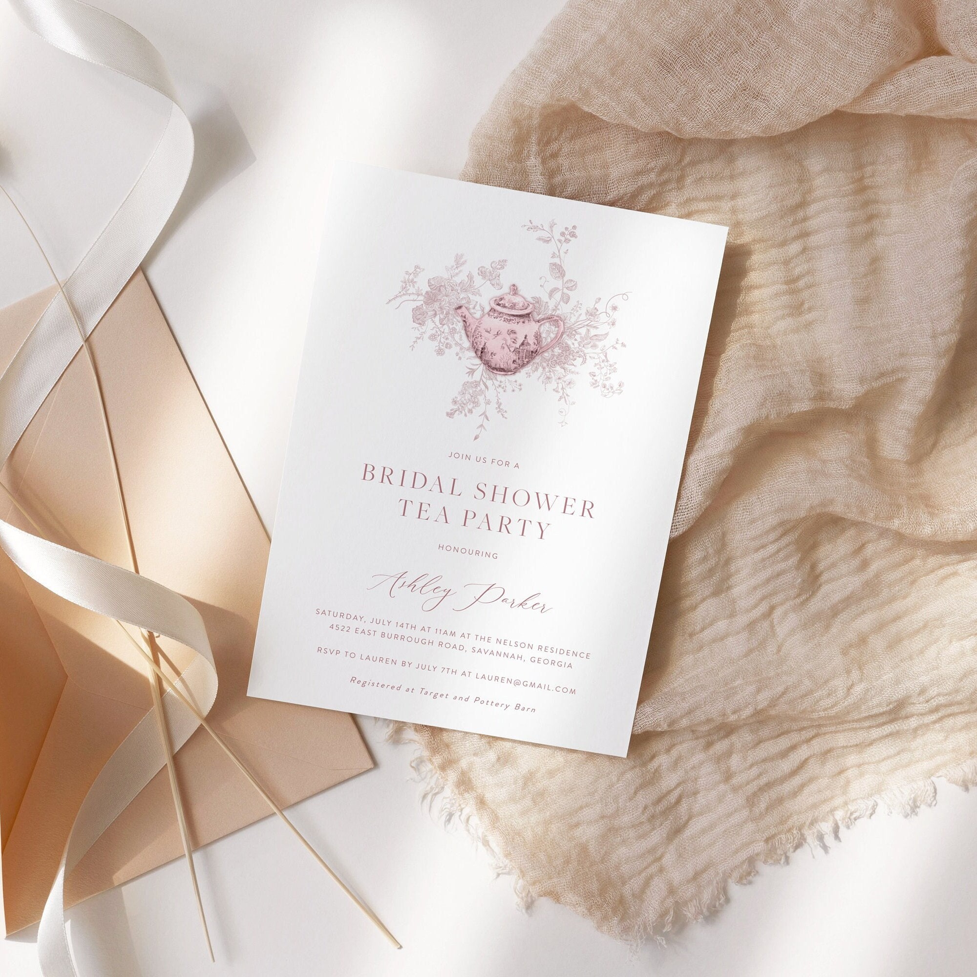 Bridal Shower Tea Party Invitation Template, Editable Time For Tea Invite, Dusty Pink Floral, Printable Bridal Shower, Instant Download 24
