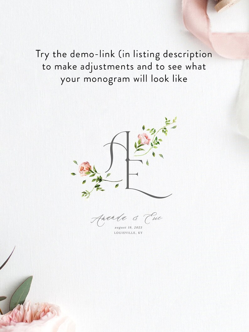 May include: A wedding invitation with a floral monogram of the letters "A" and "E" in gray. The text "Asende & Euc" is written in cursive below the monogram, followed by the date "August 19, 2023" and the location "LOUISVILLE, KY".