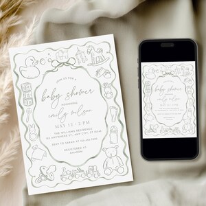 May include: A baby shower invitation with a soft green border featuring baby-themed illustrations. The invitation includes the text "Join us for a baby shower honoring Emily Wilson" and event details. A smartphone displays the same design.