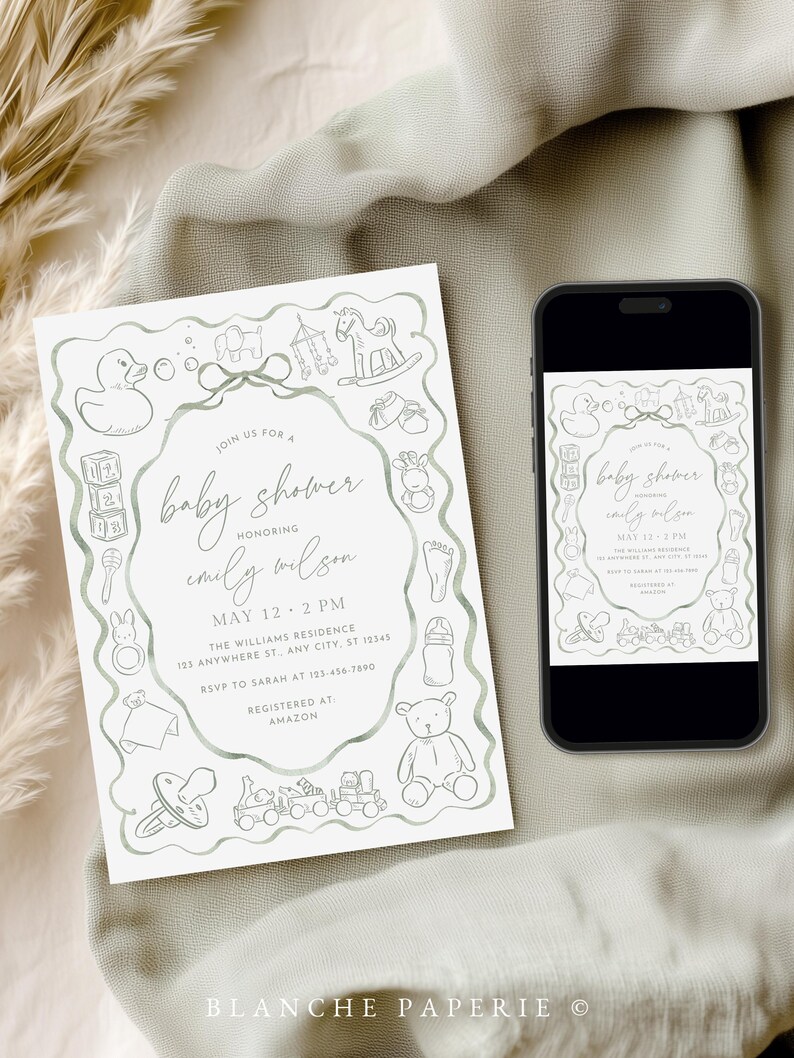 May include: A baby shower invitation with a soft green border featuring baby-themed illustrations. The invitation includes the text "Join us for a baby shower honoring Emily Wilson" and event details. A smartphone displays the same design.