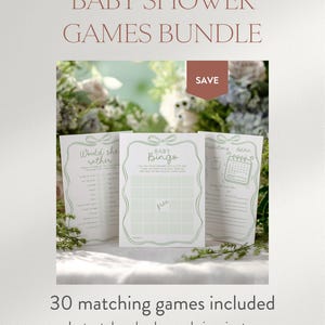 May include: A bundle of baby shower games with a light green and white design. The text on the cards includes "Baby Bingo" and "Would she rather". The bundle includes 30 matching games and is an instant download.
