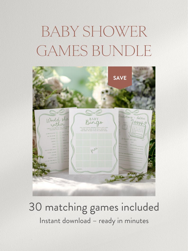 May include: A bundle of baby shower games with a light green and white design. The text on the cards includes "Baby Bingo" and "Would she rather". The bundle includes 30 matching games and is an instant download.