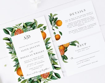 Citrus Wedding Invitation Set, Fruit Invite, Instant Download, Oranges Greenery Invitation Template, Wedding Invitation Suite, Editable