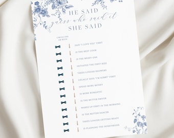 He Said She Said Bridal Shower Game, Guess Who Said It, Blue Floral Bridal Game, Editable Template, Printable Bachelorette Hen Party 43