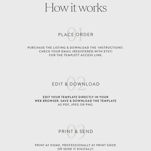 May include: How it works: A three-step guide to using a digital template. Place order, edit & download, print & send.