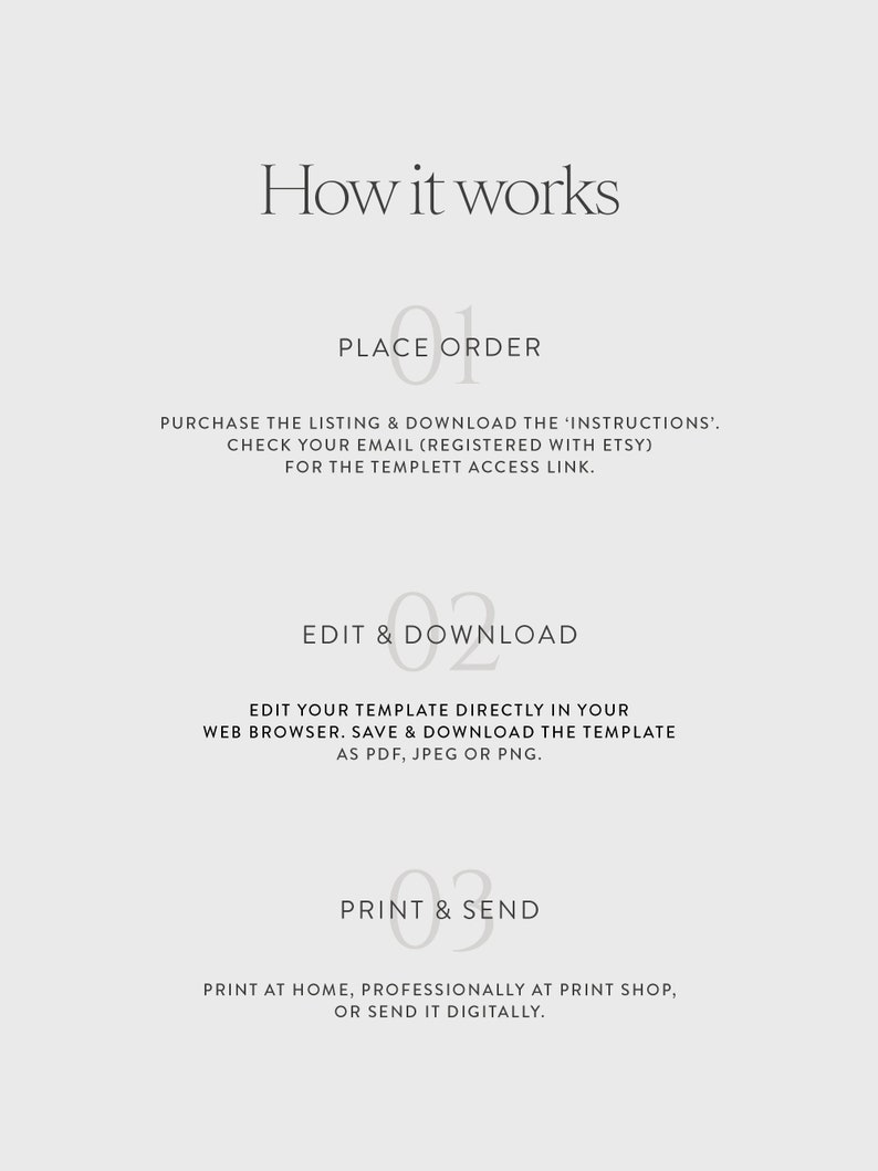 May include: How it works: A three-step guide to using a digital template. Place order, edit & download, print & send.