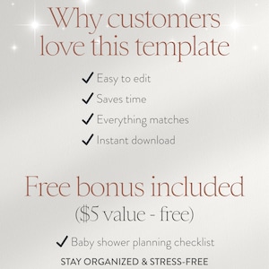 May include: A digital template advertisement with text in a soft red color. The text reads "Why customers love this template" followed by bullet points. A bonus checklist is included, with the text "Stay organized & stress-free."