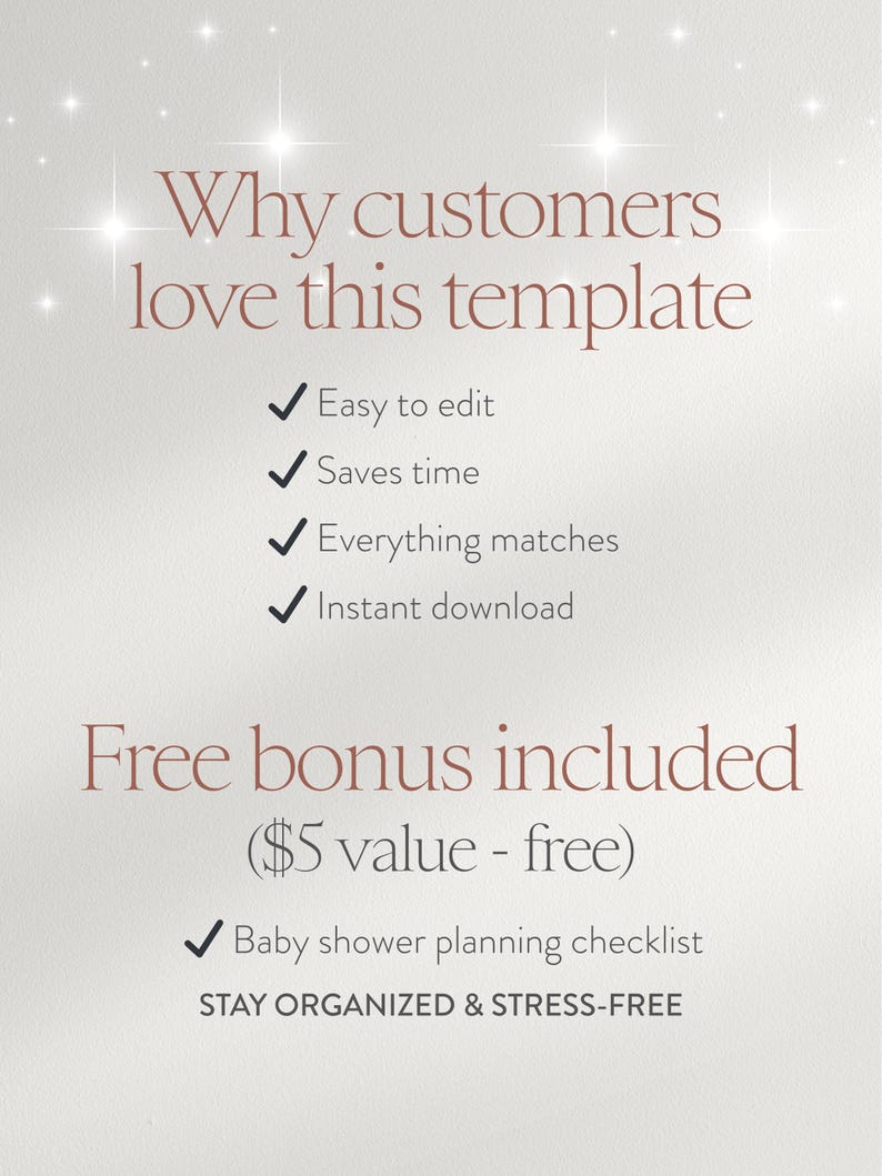 May include: A digital template advertisement with text in a soft red color. The text reads "Why customers love this template" followed by bullet points. A bonus checklist is included, with the text "Stay organized & stress-free."