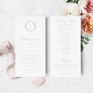 Può includere: Un programma di cerimonia di matrimonio con un design semplice ed elegante. Il programma include l'ordine degli eventi della cerimonia, nonché i nomi dei membri della festa di nozze. Il programma è stampato su carta bianca con un carattere grigio chiaro.